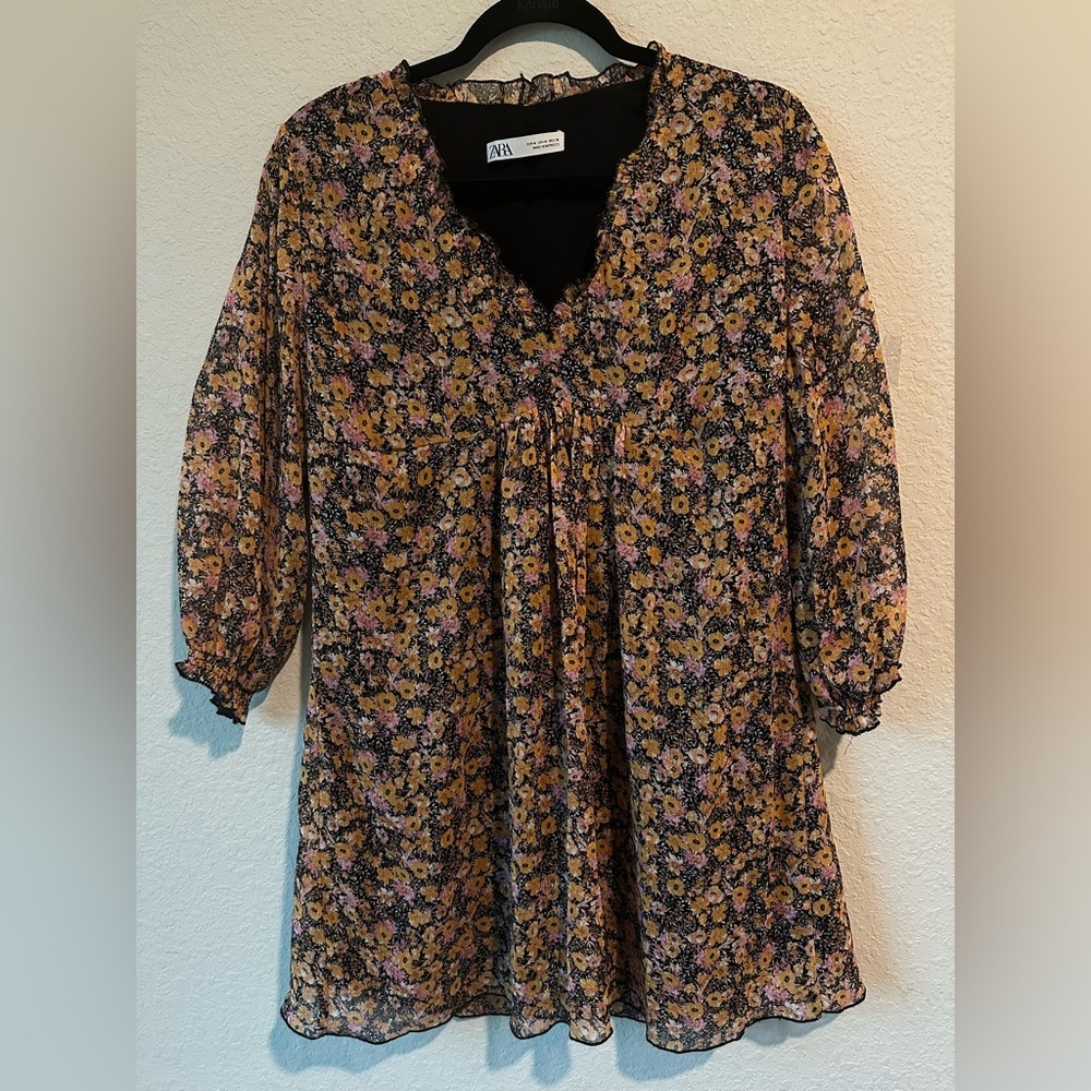 Zara Shift Dress Yellow/Pink/Black Ditsy Floral Dress V-Neck Long Sleeve Size M